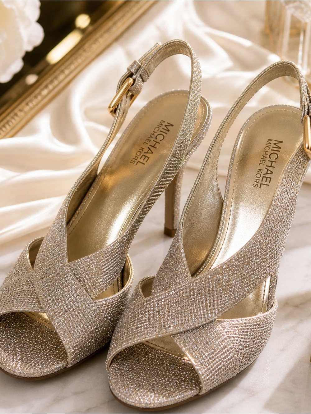 Michael Kors Glitter Slingback Heels Gold Silver 7.5 Open Toe